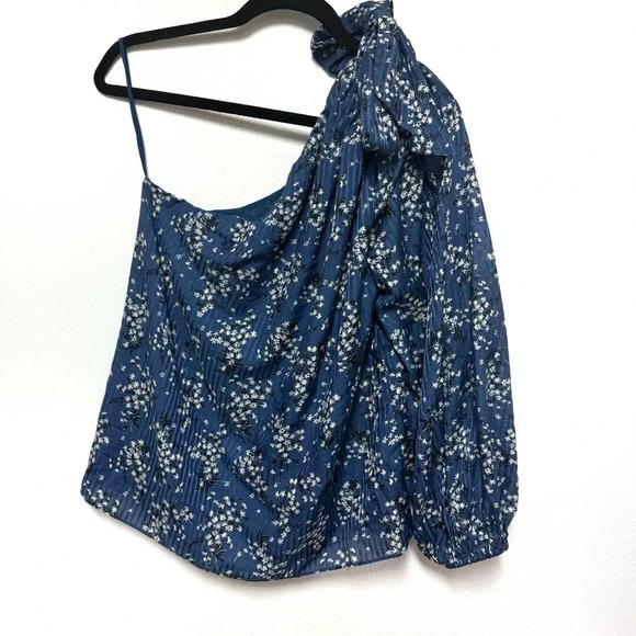 Ulla Johnson Enid Blue Floral One Shoulder Silk Blend Blouse - Bow Asymmetrical - Picture 8 of 10
